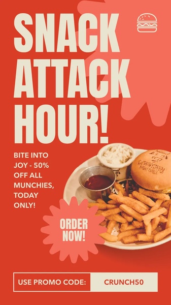 A high-conversion mobile-first advertisement featuring a burger meal deal with a clear 50% off call-to-action.