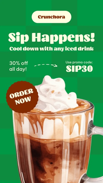 A high-contrast, emerald green vertical display promoting a seasonal iced drink with a clear 30% discount offer and coupon code.