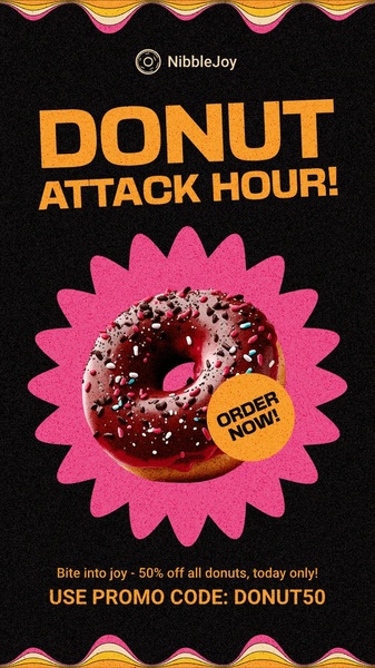 A high-contrast, vertical mobile ad featuring a single donut with bold typography that drives immediate sales through a limited-time promo code.