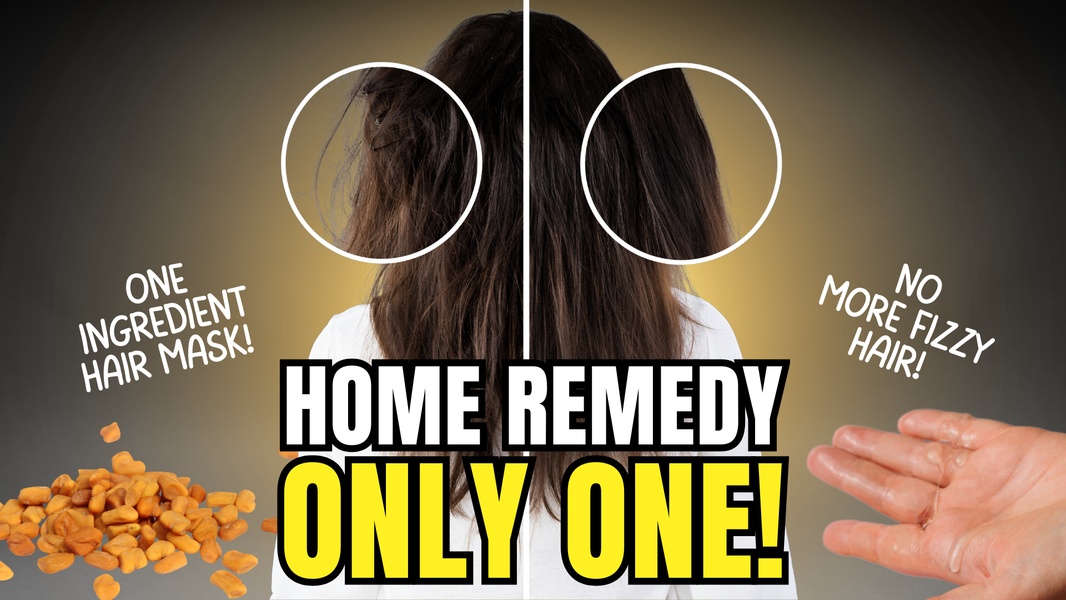 A split-screen comparison showing hair improvement after using a single-ingredient fenugreek seed hair mask.