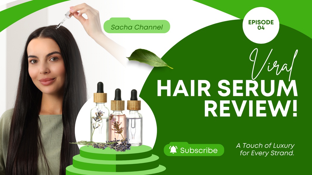 A clean, 16:9 review-style ad creative featuring a hair serum product, a close-up application shot, and social proof branding.