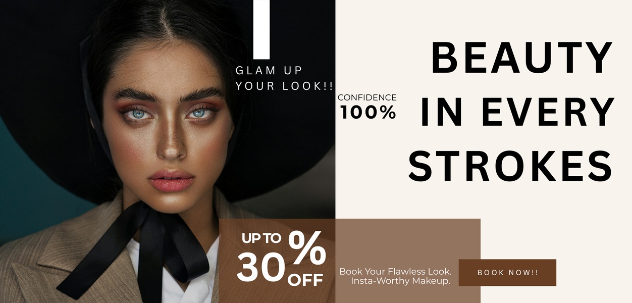 makeup services, beauty services, cosmetic application, makeup artist, beauty treatment, makeup session, professional makeup, sale promotion, brand awareness, editorial, modern typography, luxurious, bold, neutral, brown