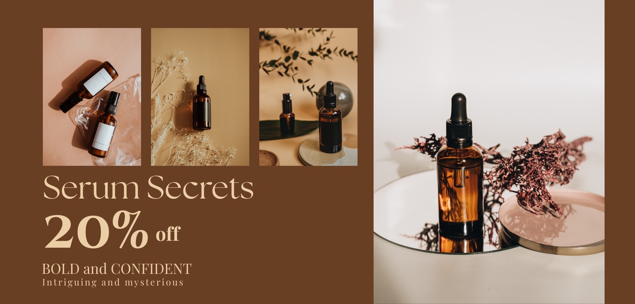 serum, face serum, skincare serum, facial serum, beauty serum, sale promotion, editorial, flat lay, luxurious, warm, brown, neutral