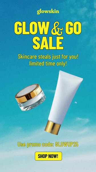skincare products, face cream, moisturizer, skin care, beauty products, facial products, cosmetics, sale promotion, limited time deal, minimalist, energetic, fresh, blue, yellow