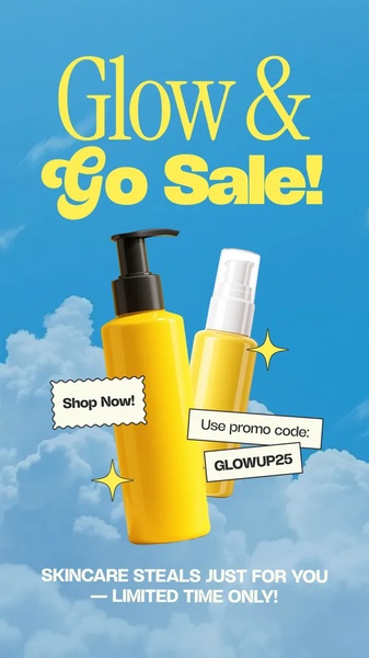 skincare products, face serum, skin treatment, beauty products, facial care, cosmetic bottles, skincare set, sale promotion, limited time deal, minimalist, energetic, fresh, blue, yellow