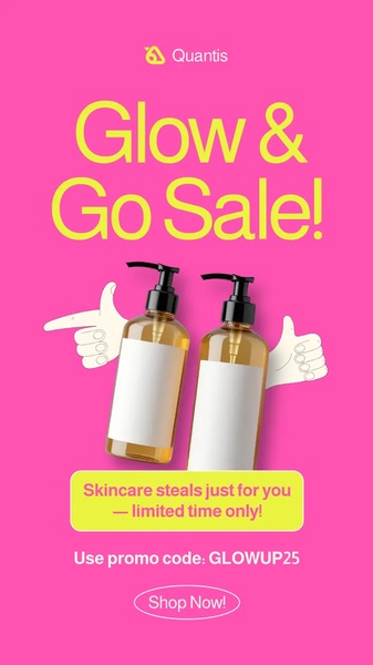 skincare products, face cleanser, body wash, liquid soap, pump bottles, beauty products, cosmetics, sale promotion, limited time deal, modern typography, energetic, playful, pink, yellow