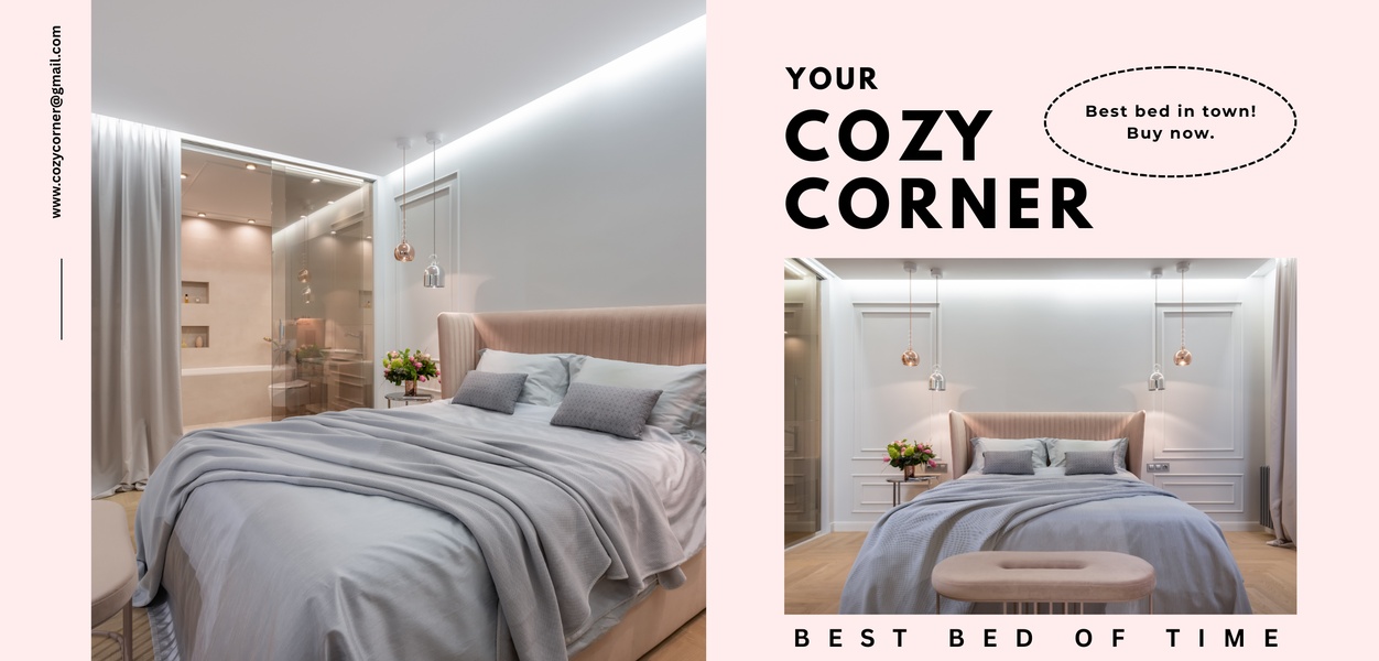 This ad uses a clean, high-end bedroom interior to evoke a feeling of luxury and comfort, positioning the bed as an essential escape.