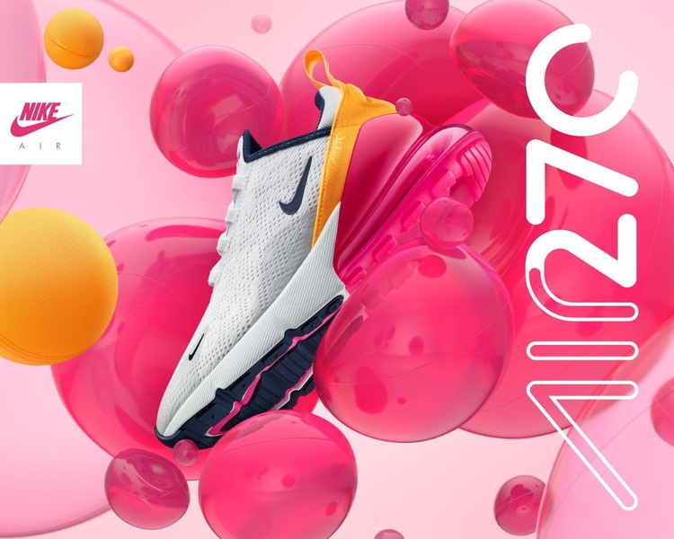 A high-energy product display for a running shoe featuring a clean studio profile shot surrounded by vibrant, translucent floating spheres.