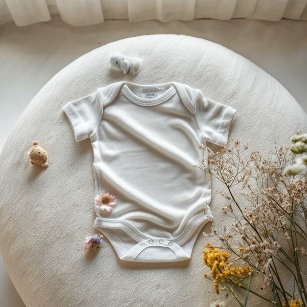 baby bodysuit, infant onesie, baby clothes, white bodysuit, newborn clothing, new arrival, minimalist, flat lay, calm, fresh, neutral