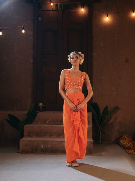 lehenga choli, indian bridal wear, ethnic skirt set, crop top skirt, traditional indian clothing, brand awareness, lifestyle, editorial, luxurious, warm, orange, brown