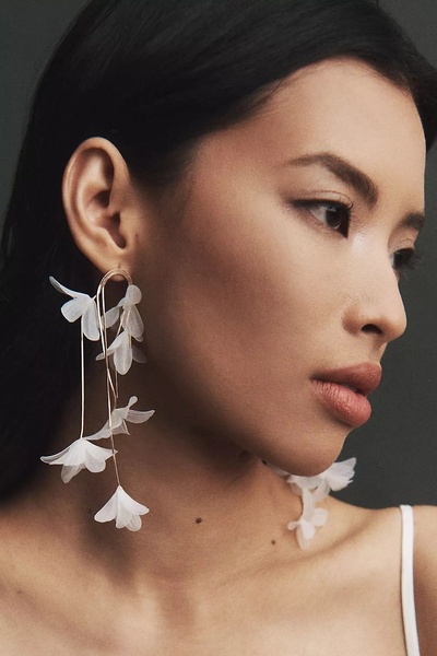 A close-up profile shot of a model wearing delicate, long floral-inspired dangle earrings against a dark, neutral backdrop.