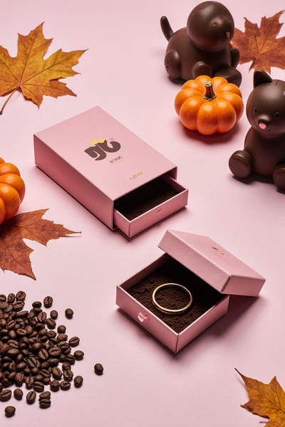 A high-end, aesthetic unboxing shot of a gold ring presented in a soft pink box, surrounded by thematic seasonal elements like dried maple leaves, coffee beans, and chocolate figures.