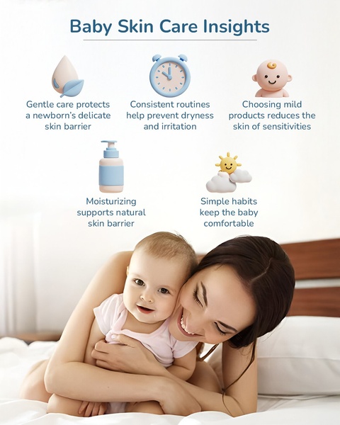 An educational ad creative featuring a mother and baby with a clean, infographic-style layout highlighting key skin care tips for newborns.