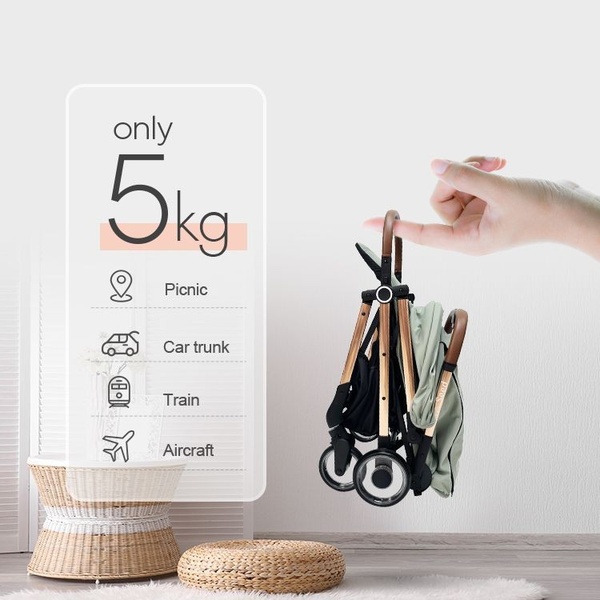 A clean, studio-lit ad showing a lightweight stroller being held by one finger, highlighting its compact design with simple icons.