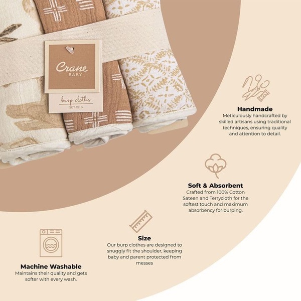 burp cloths, baby burp cloth set, baby feeding cloths, infant burp rags, muslin burp cloths, baby cloth set, product launch, brand awareness, minimalist, lifestyle, warm, trustworthy, neutral, brown