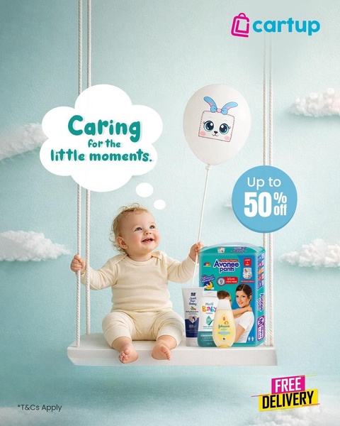 A soft-toned, studio-lit advertisement for baby diapers and hygiene products using a minimalist swing setting to evoke comfort.