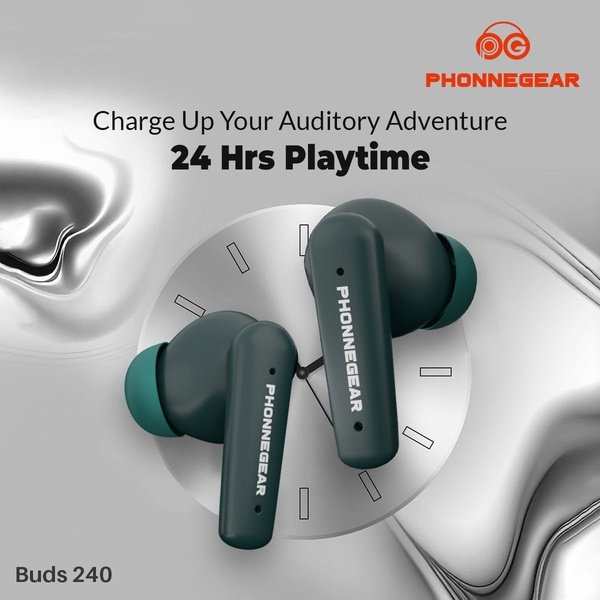 This creative uses a clock-face metaphor to highlight the long-lasting battery life of the wireless earbuds, linking visual time to product utility.