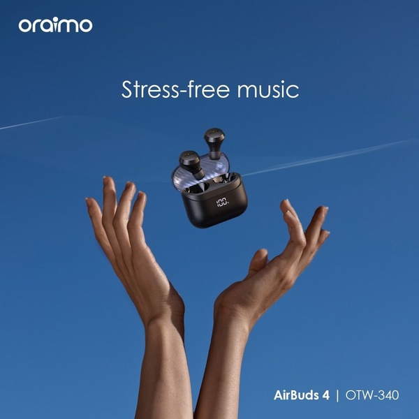 A clean, minimalist product shot featuring floating earbuds held by hands against a solid blue background, emphasizing stress-free music.