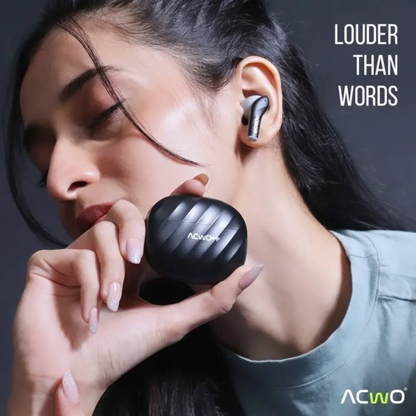 A close-up lifestyle shot of a woman wearing wireless earbuds while holding the charging case, featuring a bold, minimalist text overlay.