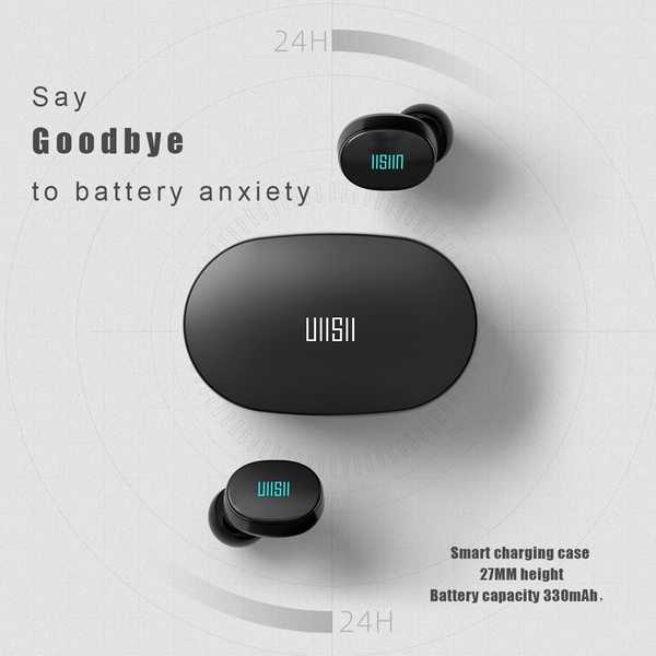 A clean, minimalist product shot highlighting 24-hour battery performance through circular graphic elements and clear typography.