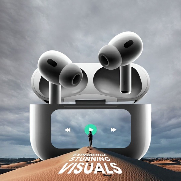 The creative features wireless earbuds floating above a desert landscape contained within a media player frame, emphasizing a cinematic viewing experience.
