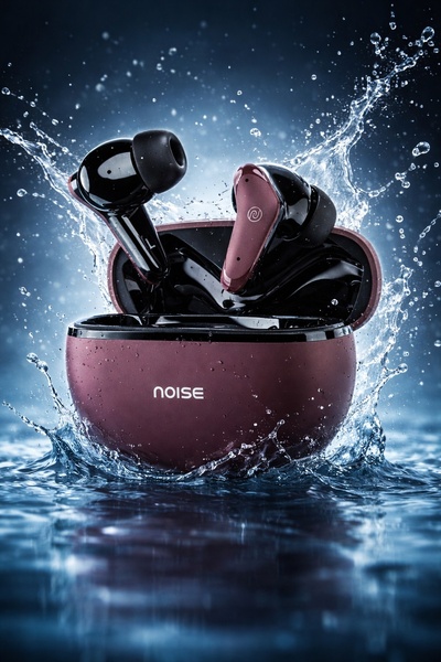 A striking close-up shot of wireless earbuds emerging from a water splash, emphasizing the product's durable and premium design.
