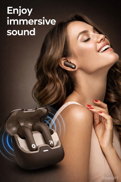 A lifestyle-focused creative showcasing wireless earbuds on a model, emphasizing sensory immersion and product design.