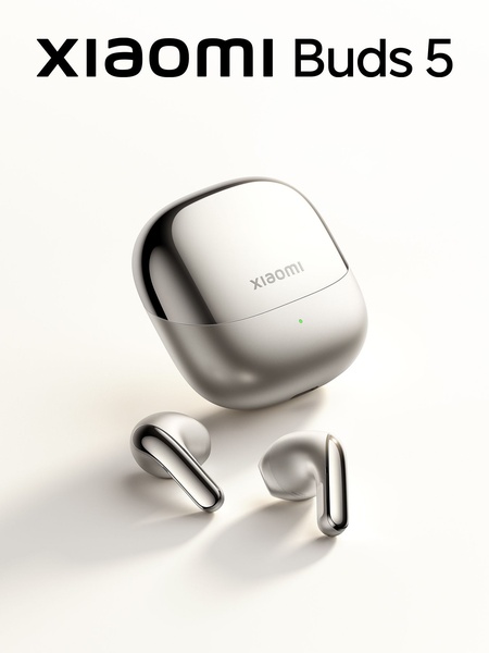 A high-end, clean product photography layout featuring the Xiaomi Buds 5 earbuds and case against a soft, neutral studio background.