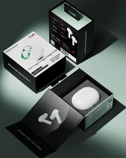 A top-down, clean studio shot showcasing high-quality product packaging and the minimalist design of wireless earbuds, emphasizing a premium brand aesthetic.