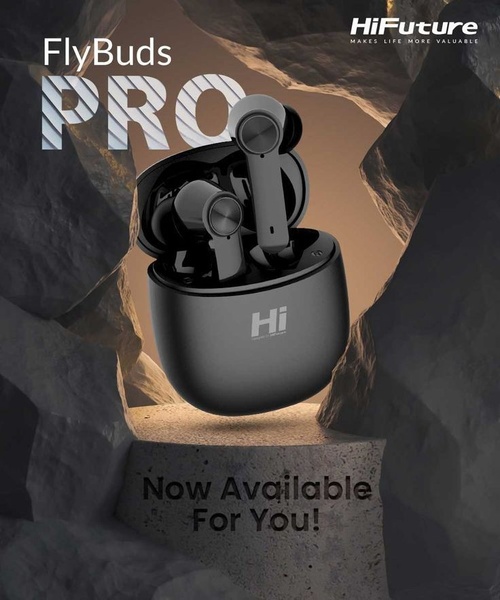 A premium product reveal of FlyBuds Pro earbuds set in a rugged, dark, stone-textured environment with professional studio lighting.