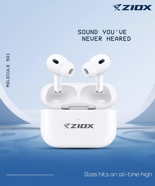 A clean, studio-lit display of white wireless earbuds in their charging case, using a high-contrast blue background to emphasize the brand and product features.