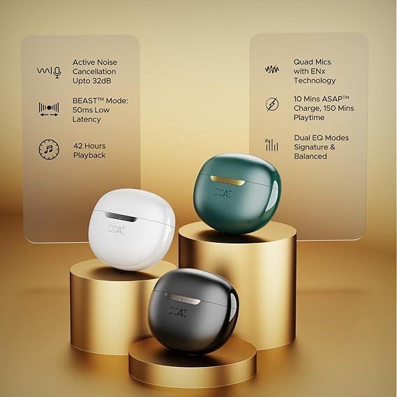 This creative displays three colors of wireless earbuds on geometric pedestals, with clear, side-aligned callouts detailing key technical specifications.