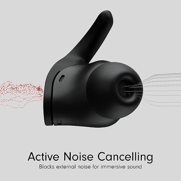 A clean, minimalist 1:1 creative showing an earbud isolating sound with a visual representation of noise being blocked.