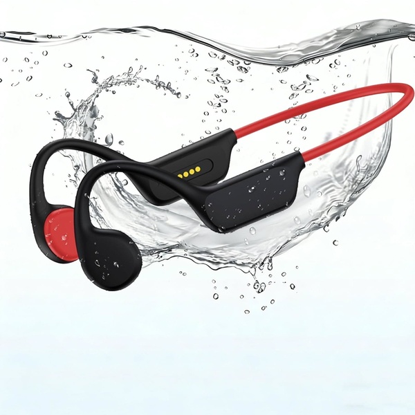 A high-fidelity product shot showing bone conduction headphones partially submerged in water, emphasizing their waterproof capability and sleek, athletic design.