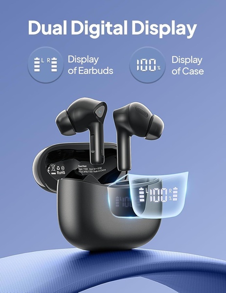 A clean, functional product showcase highlighting the dual battery status indicators for both earbuds and the charging case.
