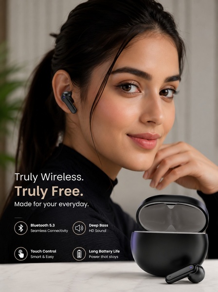 A close-up portrait of a woman wearing wireless earbuds alongside the charging case, featuring key product benefits in a clean, professional layout.