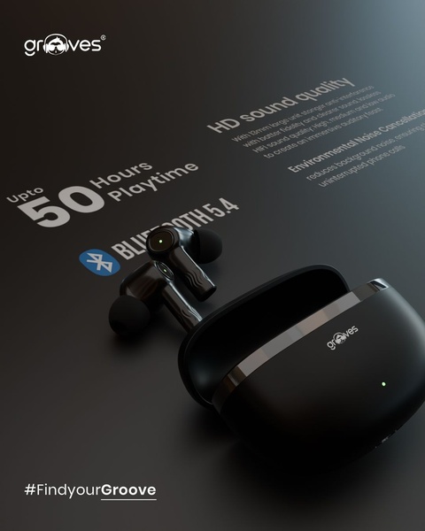 A sleek, dark-themed product advertisement highlighting key specifications like 50 hours of playtime and noise cancellation for wireless earbuds.