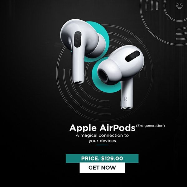 A clean, high-contrast product advertisement for Apple AirPods that uses circular graphic accents and direct pricing to capture consumer attention.