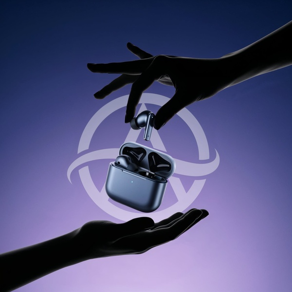 This creative utilizes a high-contrast silhouette style to focus attention on the wireless earbuds being handed between two figures.