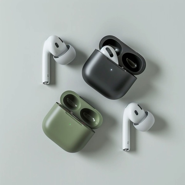 A high-quality, top-down studio shot displaying two sets of wireless earbuds, one white and one olive green, with their respective charging cases.