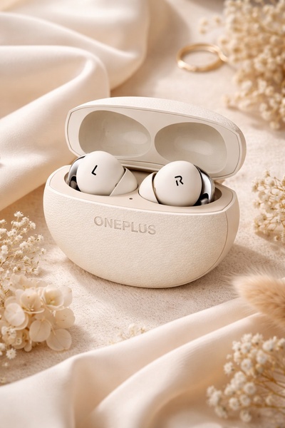 A high-end, clean product photography shot of open wireless earbuds in a case, styled with soft, neutral fabrics and dried florals.