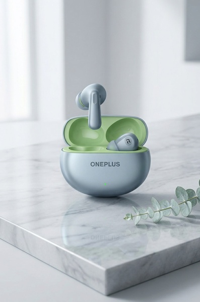A high-quality, studio-lit image of wireless earbuds resting in their case, placed on a marble surface with natural elements, emphasizing premium aesthetics.
