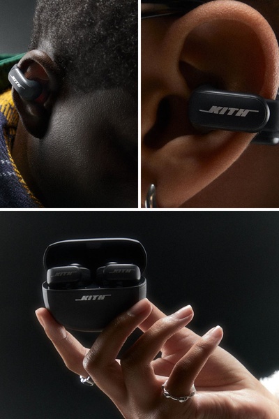A close-up series showing a pair of wireless earbuds in-ear and in their case, utilizing high-contrast lighting to emphasize texture and design.
