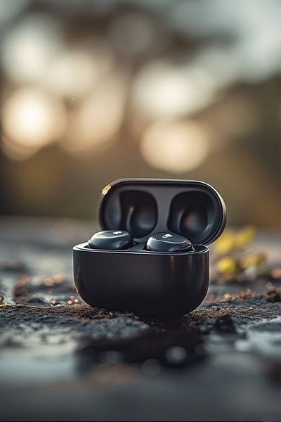 A high-end, atmospheric product shot of wireless earbuds in their charging case, resting on a textured surface with soft, bokeh lighting.