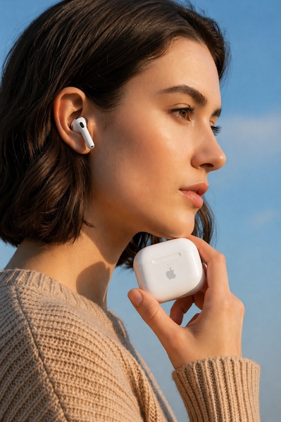 A clean, lifestyle-focused portrait of a woman wearing wireless earbuds with a soft, natural lighting palette.