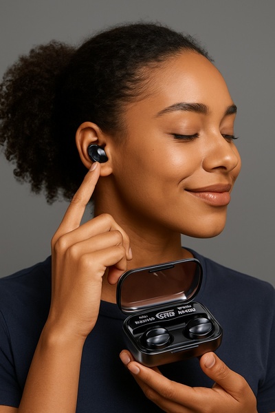 A close-up, high-quality shot of a person comfortably using sleek wireless earbuds, emphasizing product fit and natural interaction.