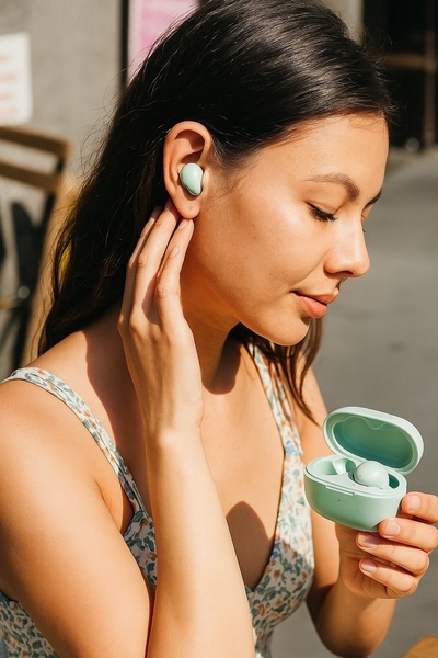 A clean, lifestyle-focused shot featuring a user interacting with mint green wireless earbuds and their charging case, emphasizing a soft color palette.