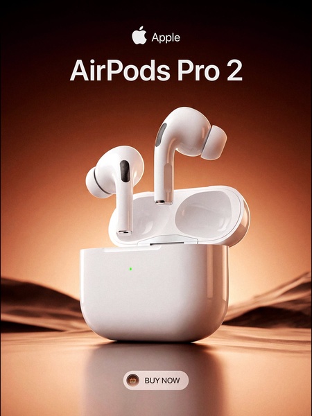 A clean, high-contrast hero image of the AirPods Pro 2 case and earbuds set against a warm, gradient studio background.