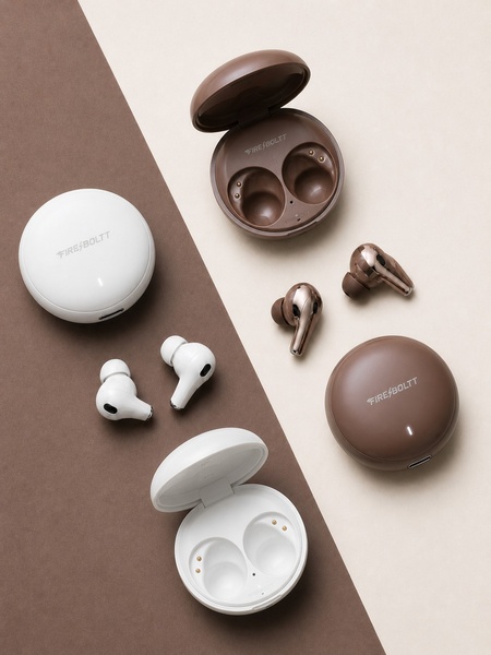This creative showcases two color variants of wireless earbuds with their cases, arranged in a clean, split-background layout that emphasizes product aesthetics.