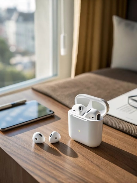 A high-quality, bright product photo of white wireless earbuds in their charging case placed on a warm-toned wooden desk with soft window lighting.